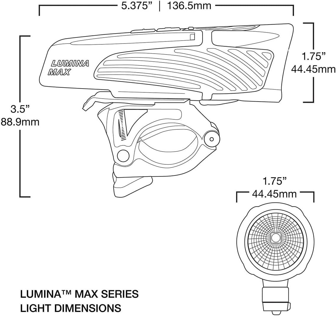 Diagram showing dimensions of NiteRider Lumina Max headlight