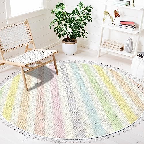 Round Boho Area Rug Rainbow Diagonal Striped Pastel Colorful Lines from Carpet with Tassels Meditation Rug Washable Hallway Floor Mat Runner Rugs for Bedroom Playroom Nursery Decor 4 ft