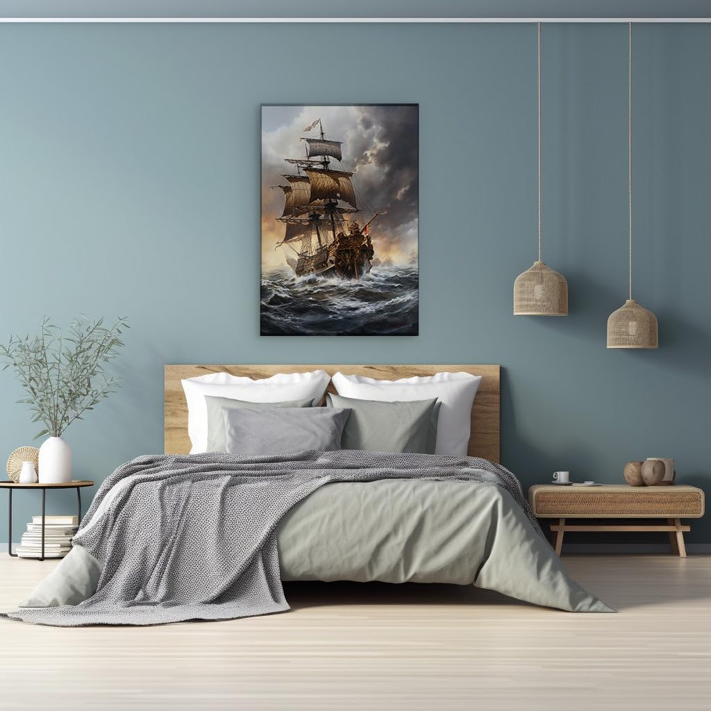 Canvas for Living room. Stormy Seas and Skull Flags: A Pirate Ship's Perilous Voyage, 27 x 18 inch Canvas Wall Art - Modern Home Decor