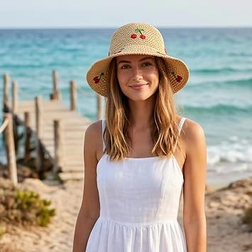 Straw Bucket Hat for Women Sweet Cherry Wide Brim Sun Hats Lightweight Summer Beach Fisherman Caps for Outdoor Travel