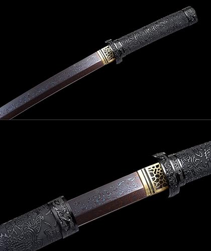 Miniatura 7 de HERO SWORD Espada Wakizashi de dragón negro de acero de Damasco, katana real, afilada, hoja de espiga completa, espada samurái, longitud media,