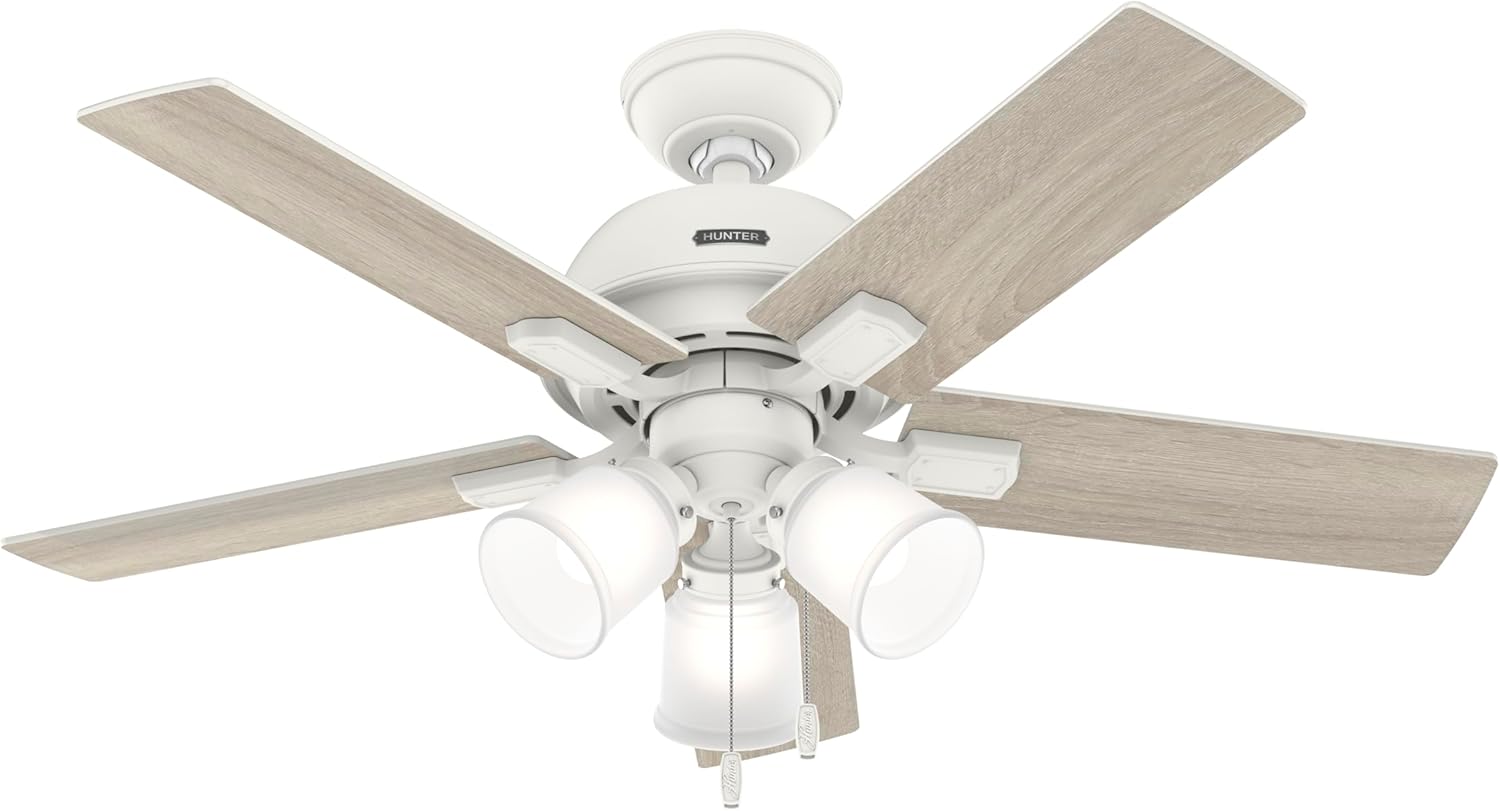Hunter Fan 44 inch White Indoor Ceiling Fan with Lights and Pull Chain for Bedroom, Living Room/Family Room, Dining Room, Kitchen, Office (Renewed)