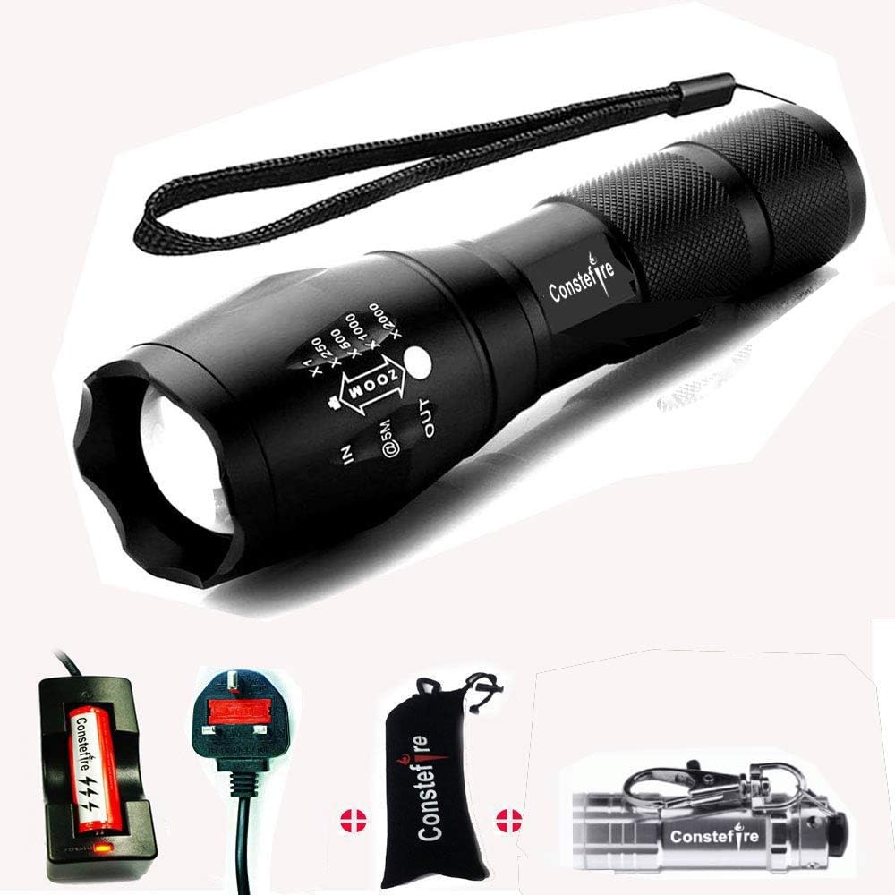 LED Flashlight with 3.7v 3000MAH Battery, 2000 Lumen Rechargeable Torch, XML T6 Tactical Flashlight with 5 Modes, Zoomable Waterproof for 18650 LED Torch Flashlight,Emergency and Outdoor Use