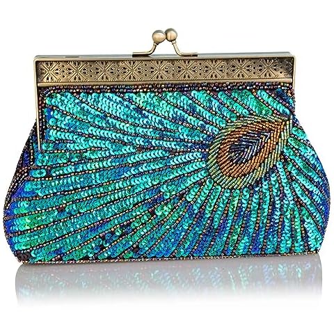 VISTATROY Large Vintage Style Beaded And Sequined Evening Bag Wedding Party Handbag Clutch Purse for Women Evening (Peacock blue) Cover