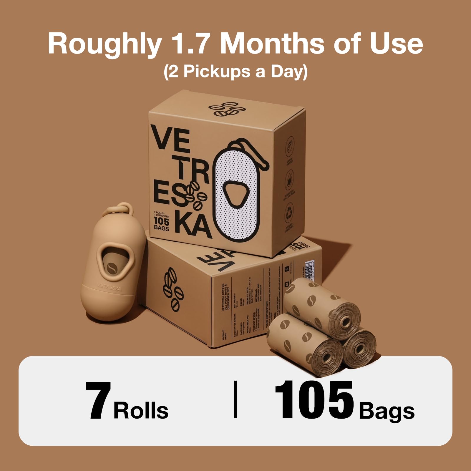 VETRESKA Dog Poop Bags Dispenser with Coffee Scented Waste Bags, Leak Proof, Extra Thick & Strong, 1 Holder and 105 Count Pet Poop Bags (7 Refill Rolls) for Dogs and Cats
