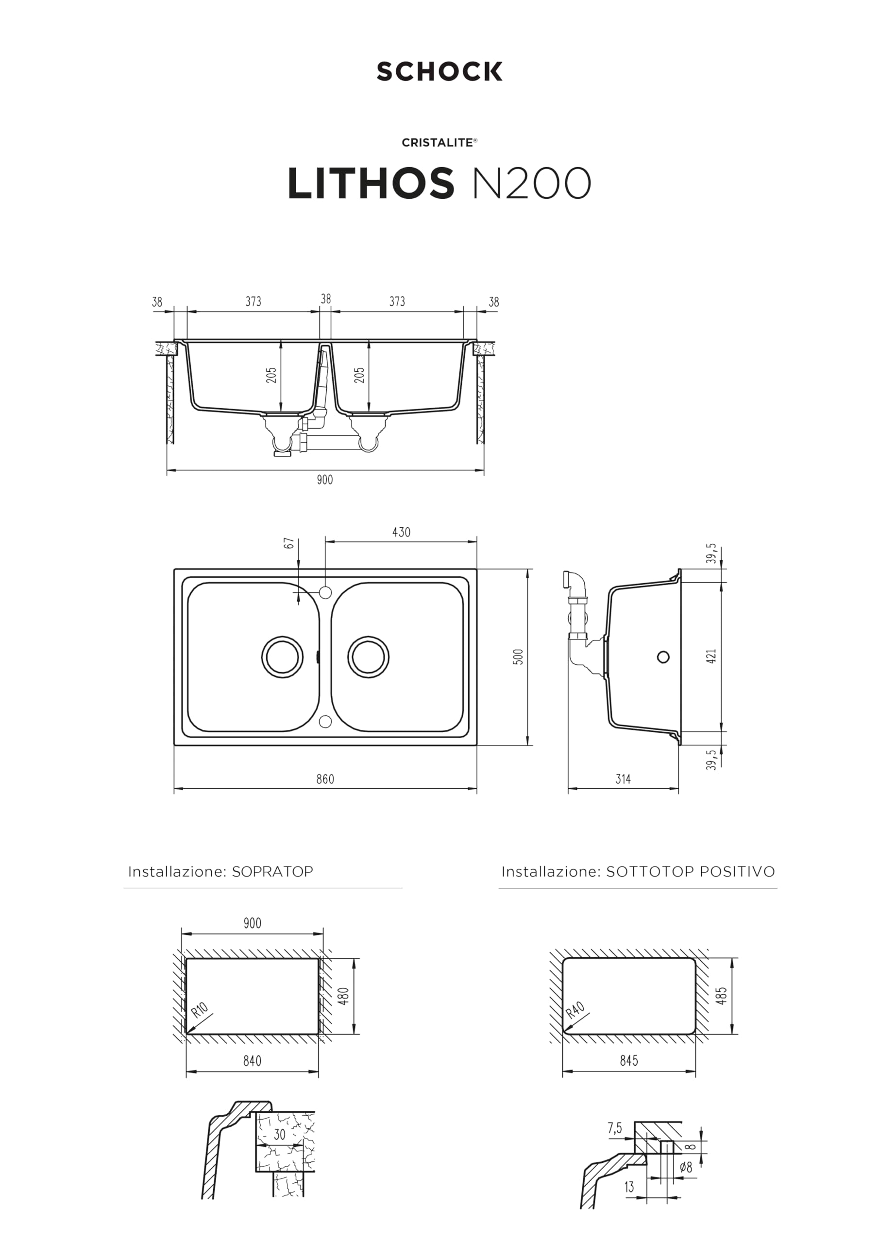 SCHOCK | Lavello Cucina Lithos N200 2 Vasche, Materiale Cristalite®, New Alumina, 860x500mm