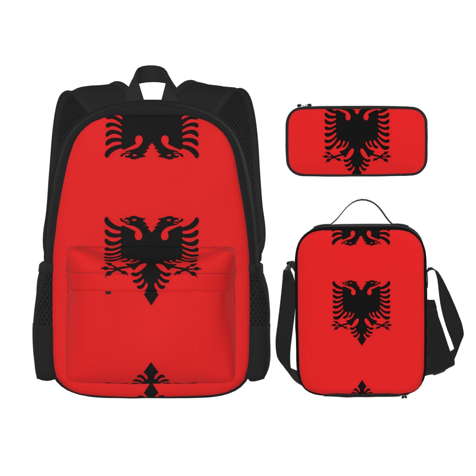 Wbqlsl Unisex Black Albanian Flag Patterns School Bag + Pencil Case + Lunch Bag Combination Backpack Suitable For Everyday Commuting
