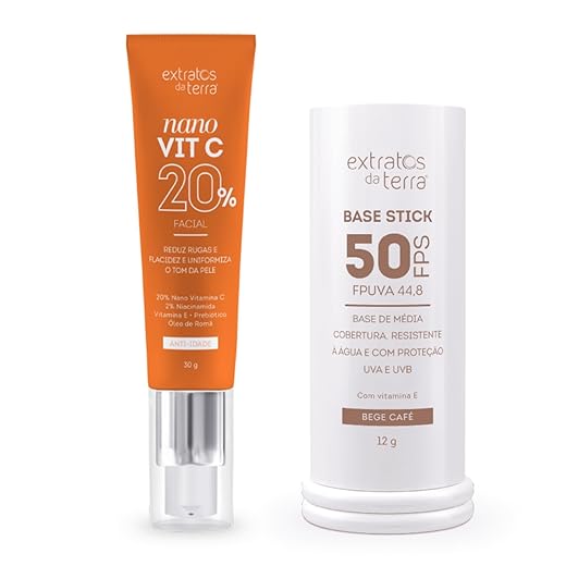 Kit Nano Vit C20% 30 g + Base Stick FPS 50 Bege Café 12 g – Anti-idade, Clareamento e Acabamento Matte