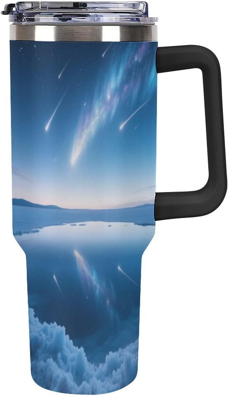 Travel Coffee Mug 40OZ Thermo Cups Thermos Cup Drink Cups Mirror Lake Meteor Shower Thermos with Cup with Handle Lid And Straw Suitable for Gifts Parties Offices Traveling