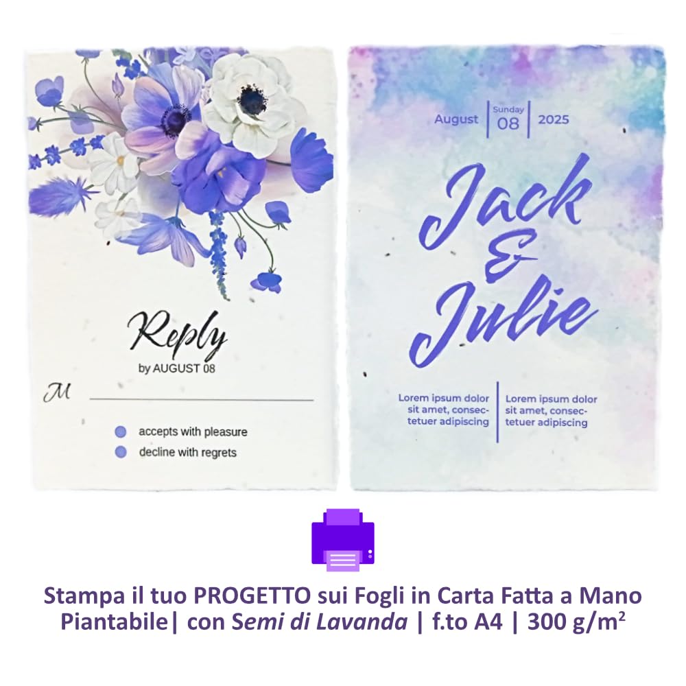 Fogli A4 in Carta Piantabile Fatta a Mano, con Bordi irregolari, 21x29,7cm, 250 g/m2, Confezione da 10, per inviti, biglietti, partecipazioni, Made in Italy (Con Semi di Lavanda)