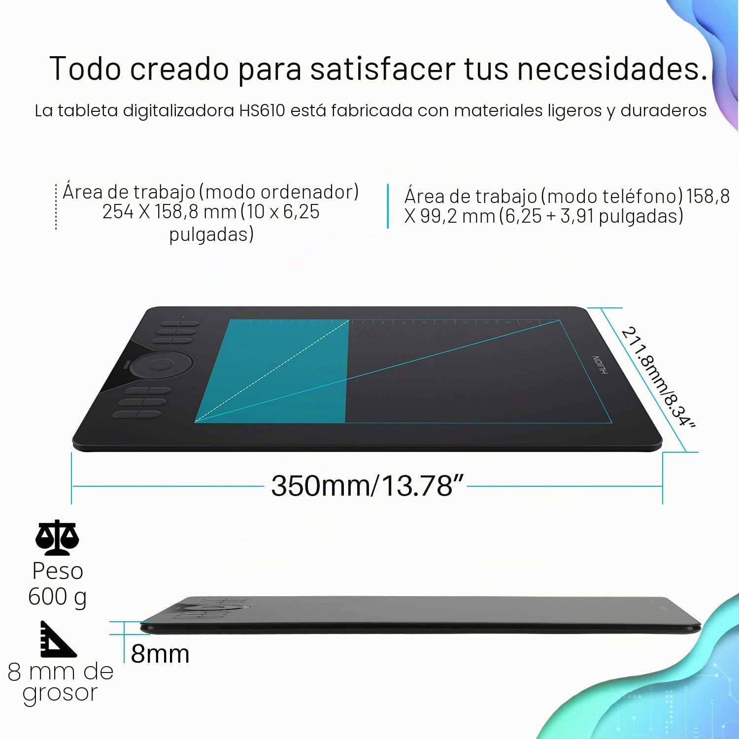 Gráficos Tableta de Dibujo HUION Actualizado HS610 Función de inclinación Lápiz sin batería con 1 Dedo Anillo táctil Conectividad Sistema operativo Android 6.0 Compatible