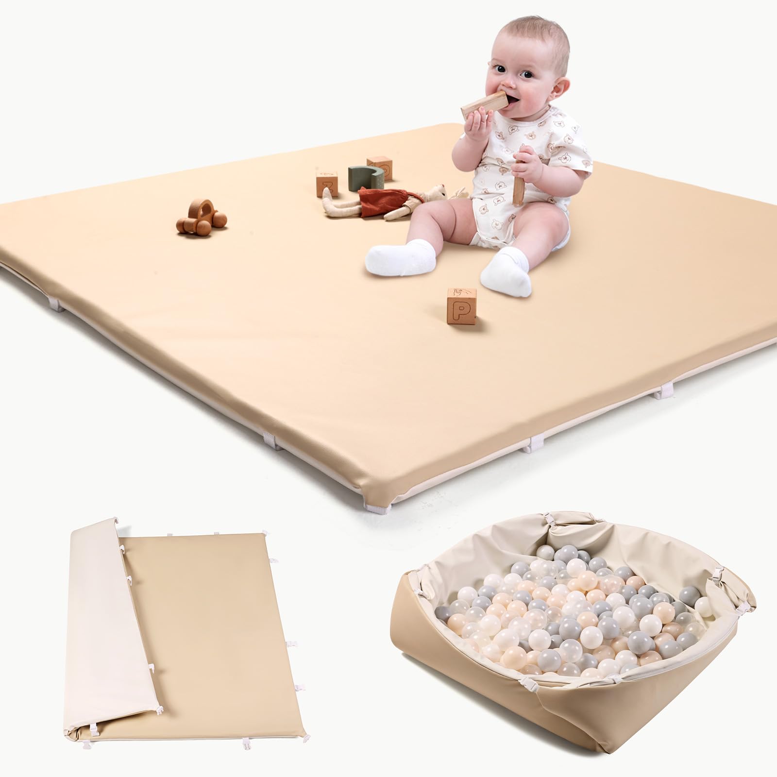 Hikiddy Baby Play Mat for Floor: 2-in-1 Foldable Foam Thick Mat & Ball Pit - Soft Vegan Leather Padded Floor Mat - 47x47 Waterproof Playmat - fits 50x50 Playpen for Infants Baby Girls Boys