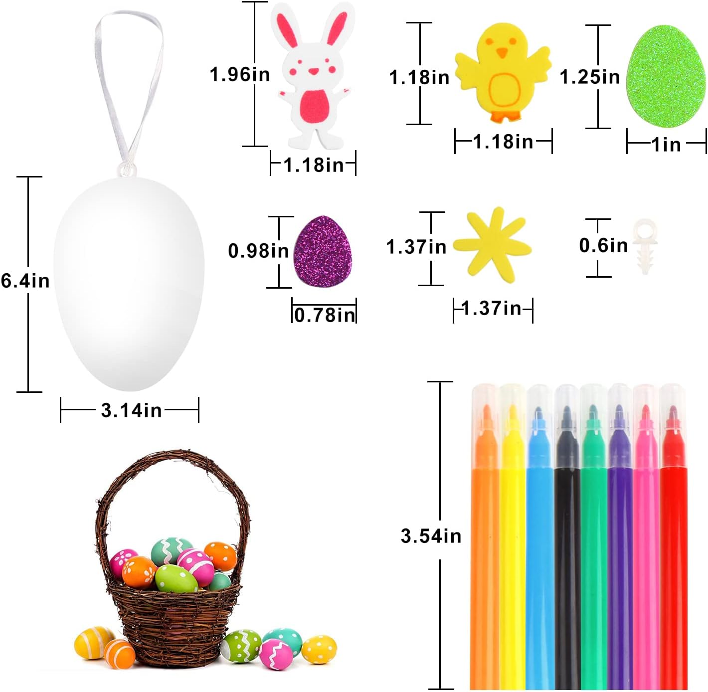 FOIMAS Easter White Plastic Eggs Kit,30pcs Paintable Fake Hanging Egg Ornament with 80pcs Bunny Chick Foam Sticker Pens for Kids Craft Easter Tree Home Decoration