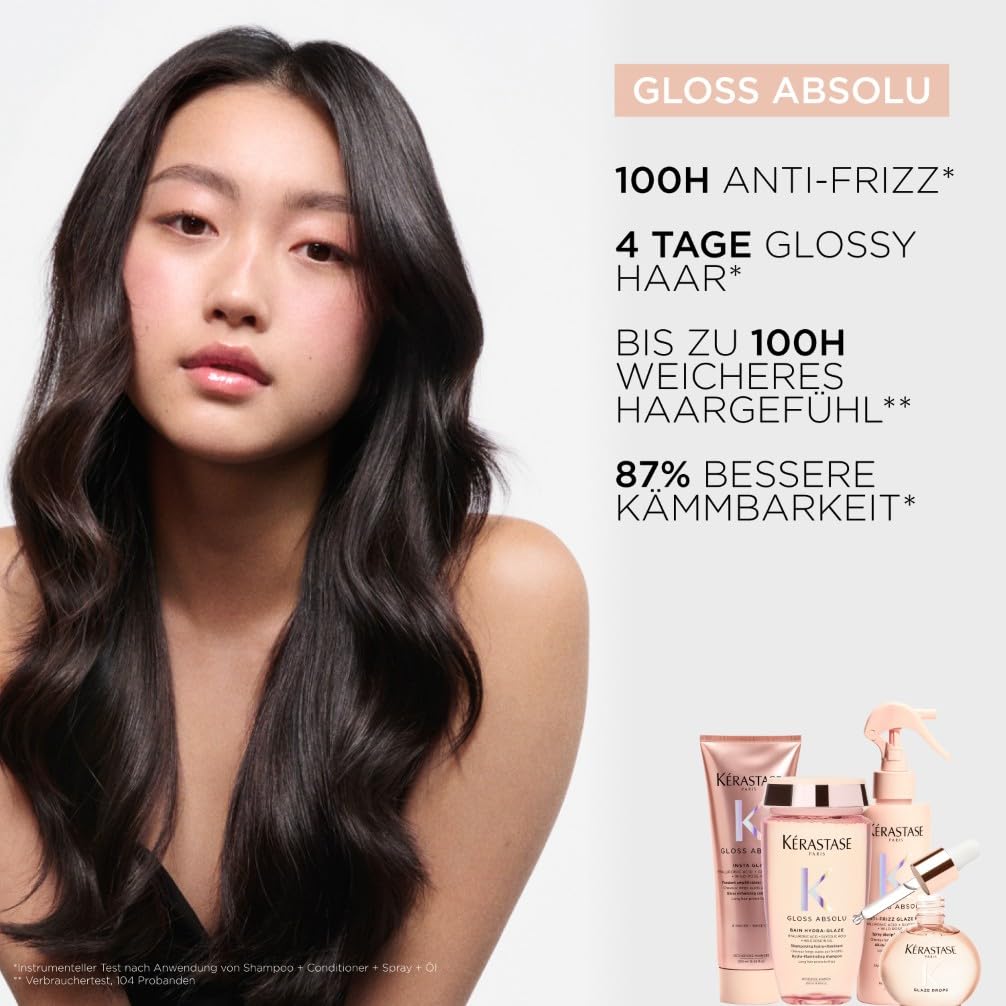 Kérastase Gloss Absolu Pflegeset mit Bain Hydra-Glaze Shampoo (1x250ml) und Fondant Insta Glaze Conditioner (1x250ml) für langes, zu Frizz neigendes Haar, Mit Hyaluronsäure, Glykolsäure & Wildrosenöl