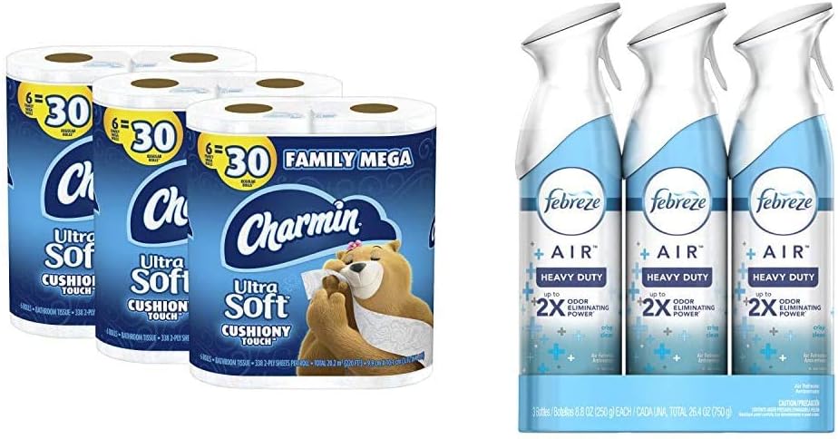 Charmin Ultra Soft Cushiony Touch Toilet Paper, 18 Family Mega Rolls = 90 Regular Rolls (Packaging May Vary) & Febreze AIR Freshener Heavy Duty Crisp Clean, 8.8 Oz, Pack of 3