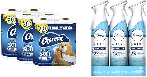 Charmin Papel higiénico ultra suave al tacto, 18 megarrollos familiares = 90 rollos regulares (el embalaje puede variar) y ambientador Febreze