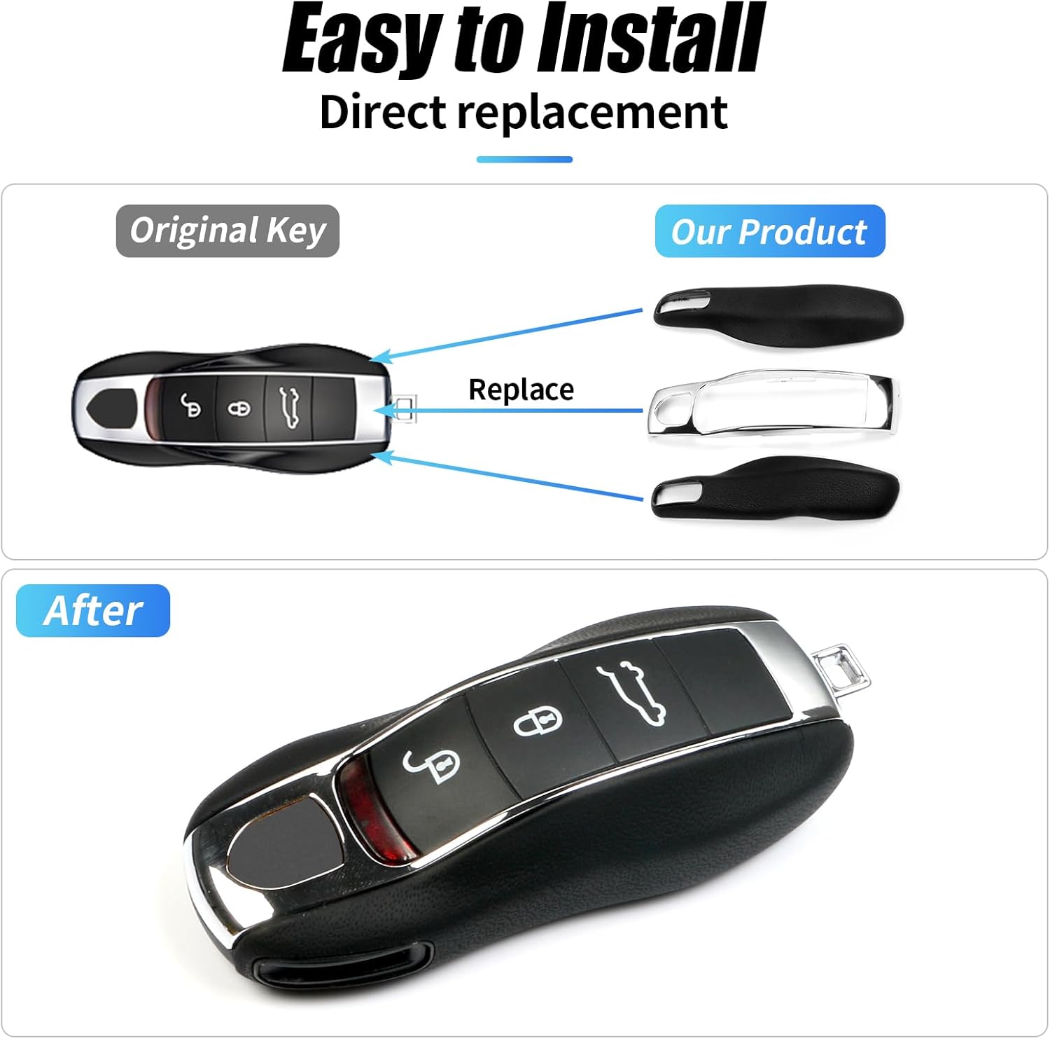 Black Key Fob Cover Leather Compatible with Porsche Key Shell Key Fob Shell Replacement Compatible with Porsche Cayenne Panamera 911 718 Macan Boxster Cayman Accessories