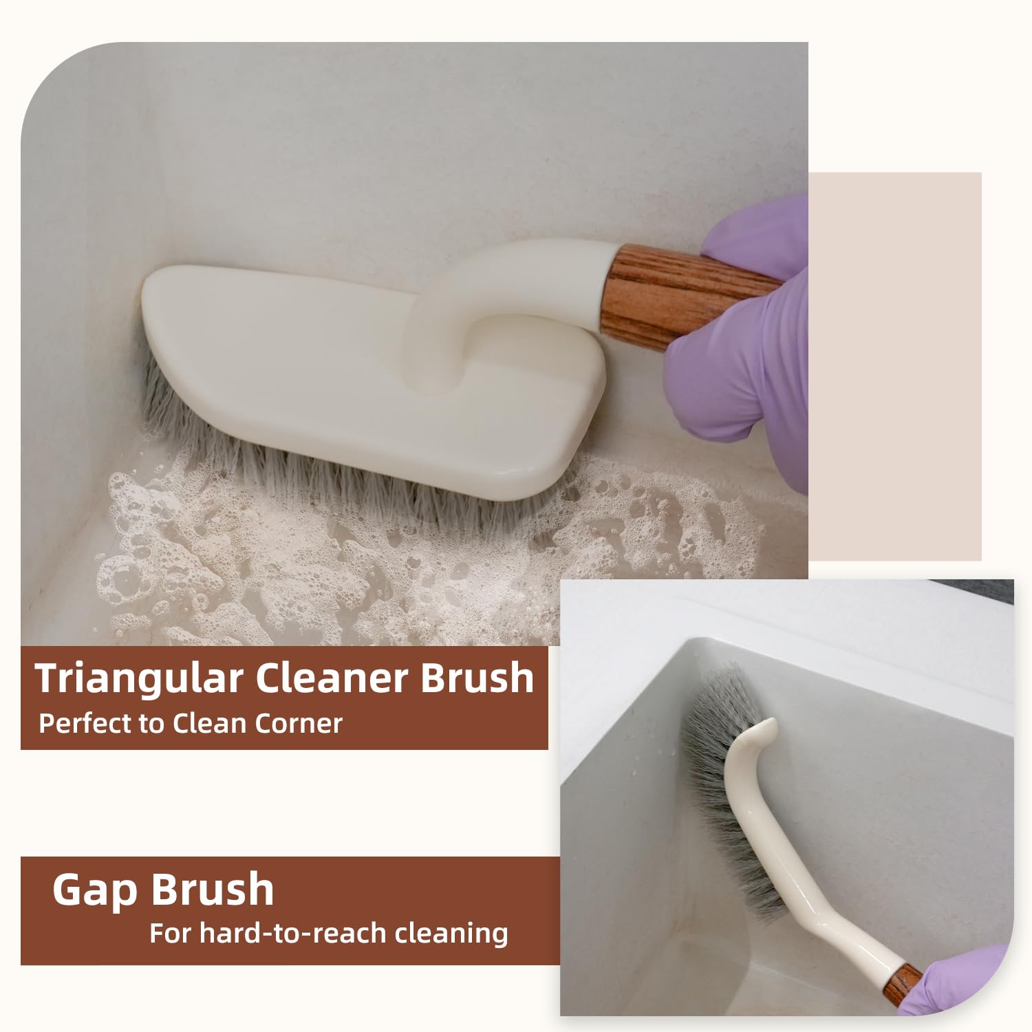 Juego de 4 cepillos resistentes con asas de madera, estropajo triangular y cuadrado, cepillo de platos, limpiador de lechada para cocina, baño, azulejos, alfombras y eliminación de manchas difíciles