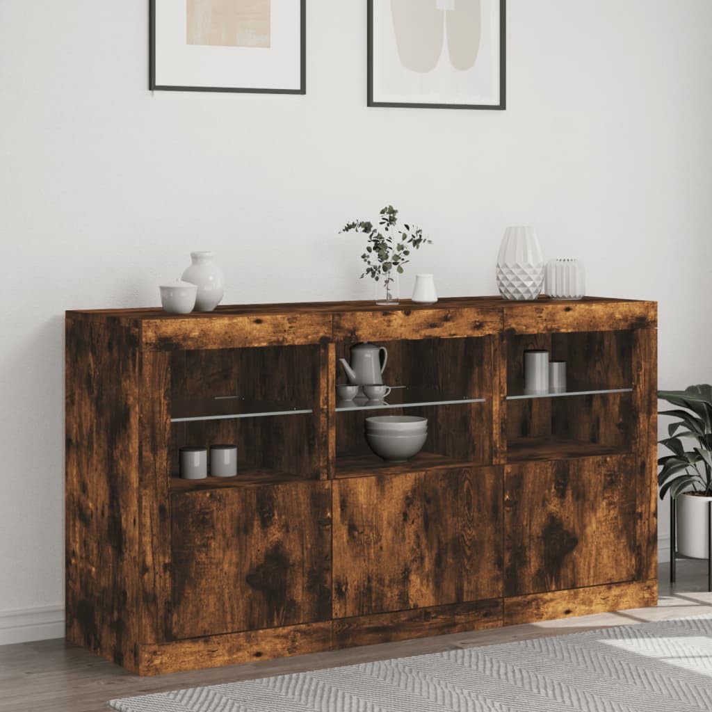 Rantry Credenza con Luci LED Rovere Fumo 123x37x67 cm, Credenza Armadio, Armadietto da Pavimento per Bagno, Mobili Ufficio, Mobiletto Portaoggetti Ripiani Salvaspazio Mobiletto Armadio di Stoccaggio L