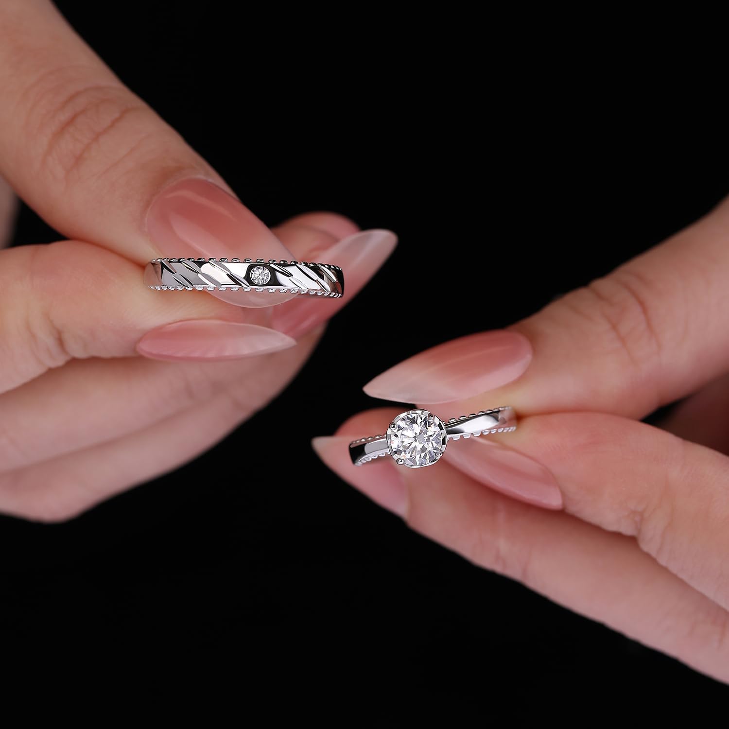 Meissa 2 Pcs Wedding Ring Set Promise Ring Silver Band CZ Ring Matching Bands for Women Men Couples Set Engagement Anniversary Rings Size Adjustable