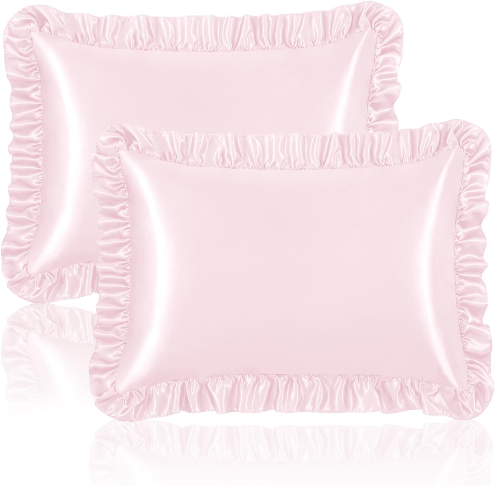 Ruffle Satin Pillowcase for Hair and Skin, Standard Size Satin Pillow Covers Silky Pillow Cases Set of 2, Satin Ruffled Pillowcase with Envelope Closure, Anti Wrinkle Pillow Shams (Blush Pink)