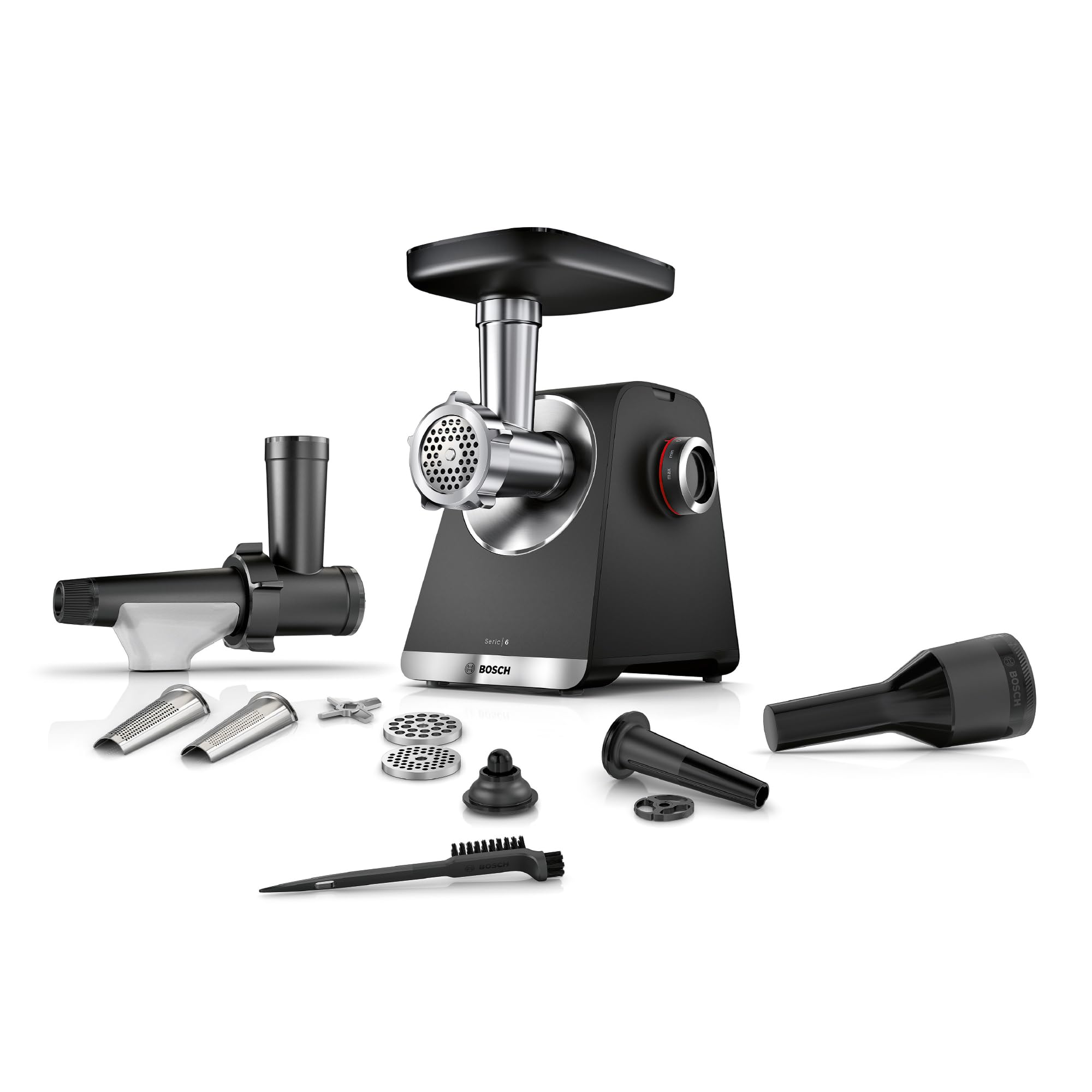 Bosch Fleischwolf Serie 6, 3 Lochscheiben (3, 4,5/8 mm) Edelstahl, spülmaschinenfest, Entsafter, Wurst-/ Kebbe-Aufsatz, elektrisch, stark, kompakt, 2.100 W, schwarz, MultiPower MFWS650B