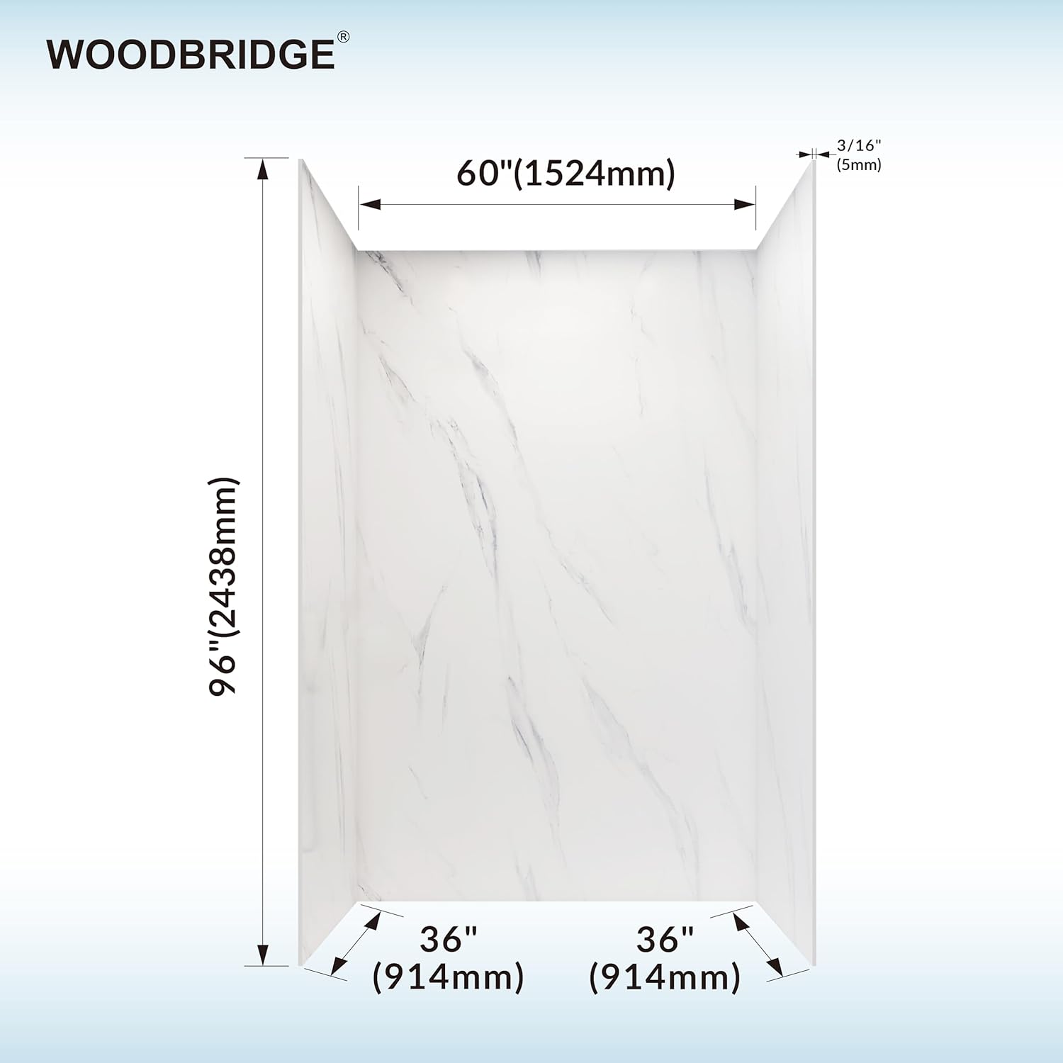 WOODBRIDGE Solid Surface 60"W × 36"D × 96"H 3-Piece Shower Wall Panel Surround Kit, Carrara White, Trimmable, Quick Install