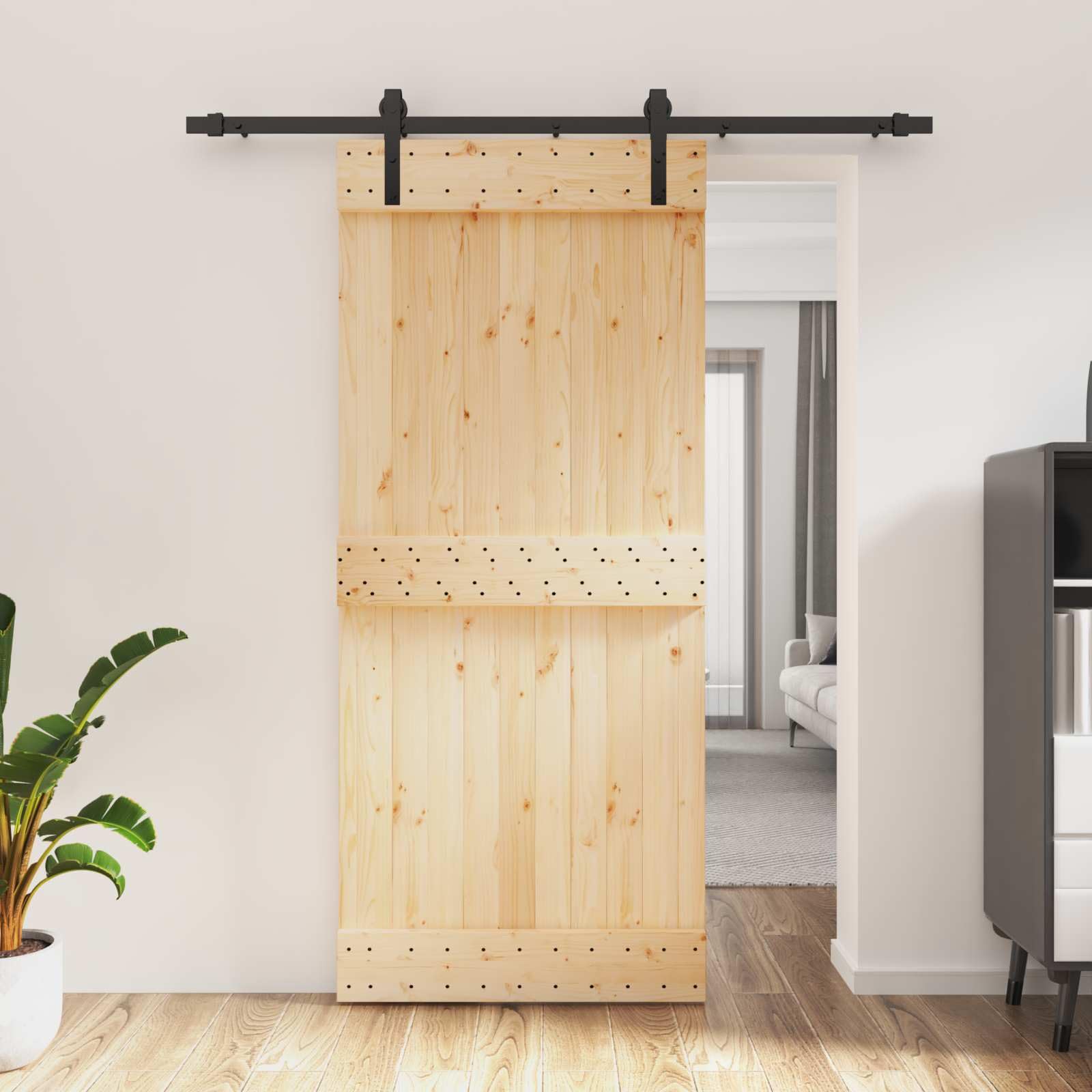Porta scorrevole in legno di pino, 90 x 210 cm | Binario in acciaio rivestito, meccanismo superiore, design salvaspazio, finitura naturale