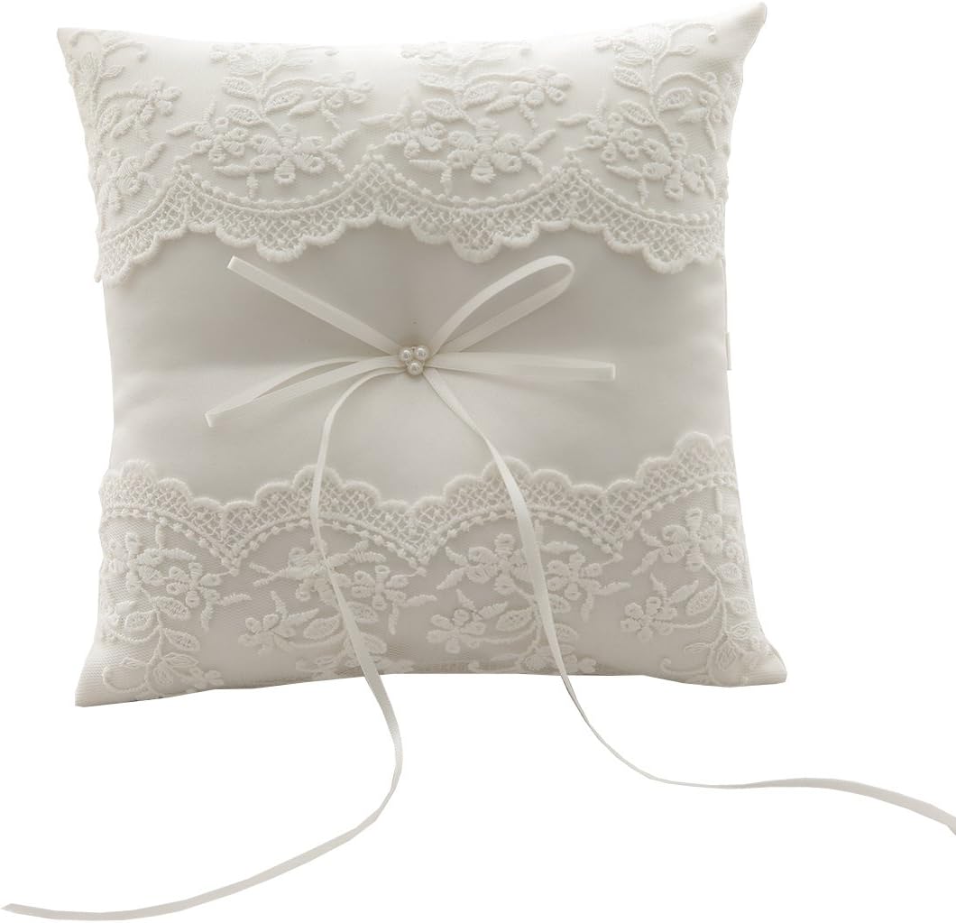 Silktalk Ring Pillow Wedding Handmade Cushion Beige Bow Tie Satin Ring Cushion Bearer Cotton Lace Embroidered 21 cm * 21 cm