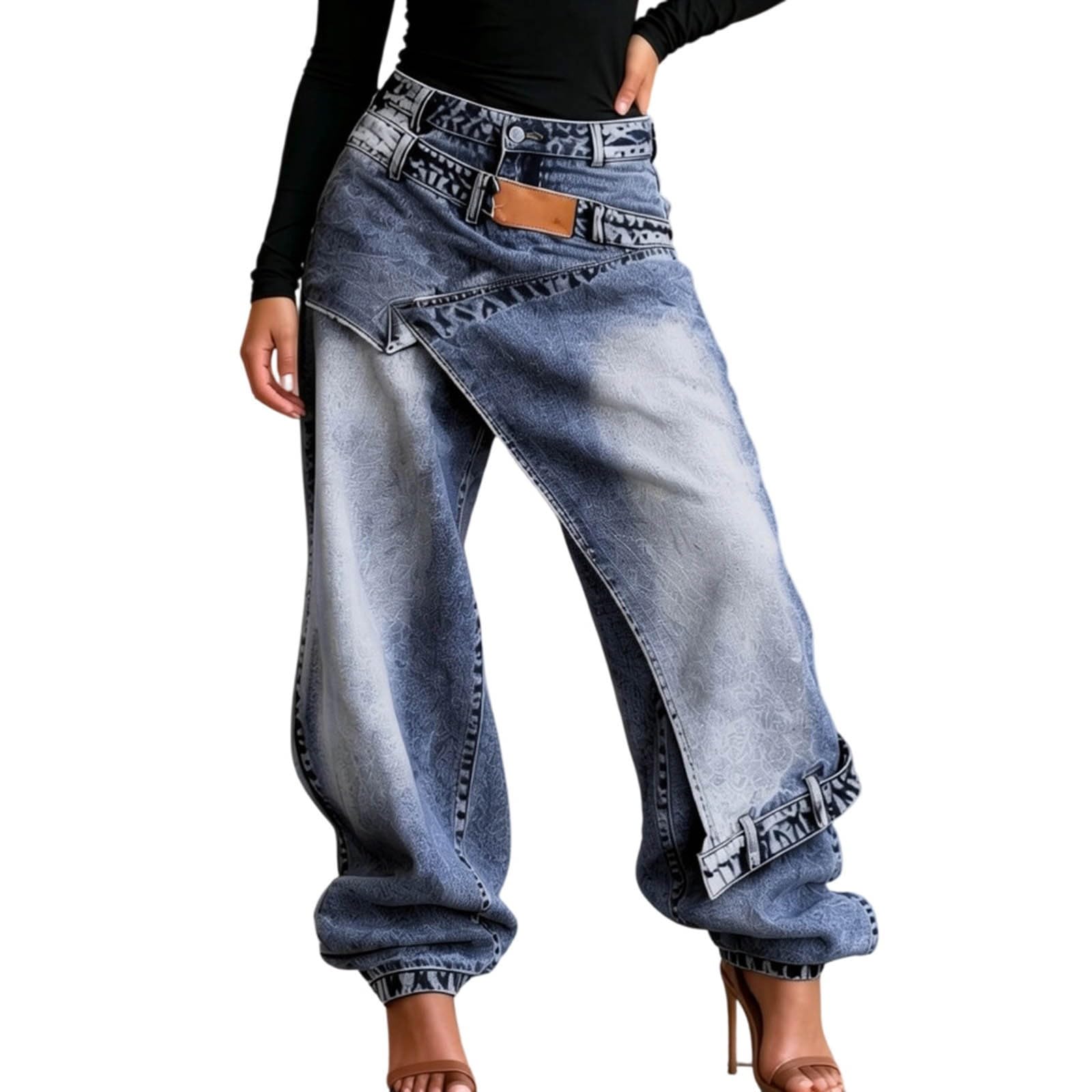 Générique Jeans Baggy da donna, vestibilità asimmetrica, Patchwork a vita alta, pantaloni in denim estivi, casual, calze elasticizzate, pantaloni in jeans elasticizzati, alla moda, per tutti i giorni