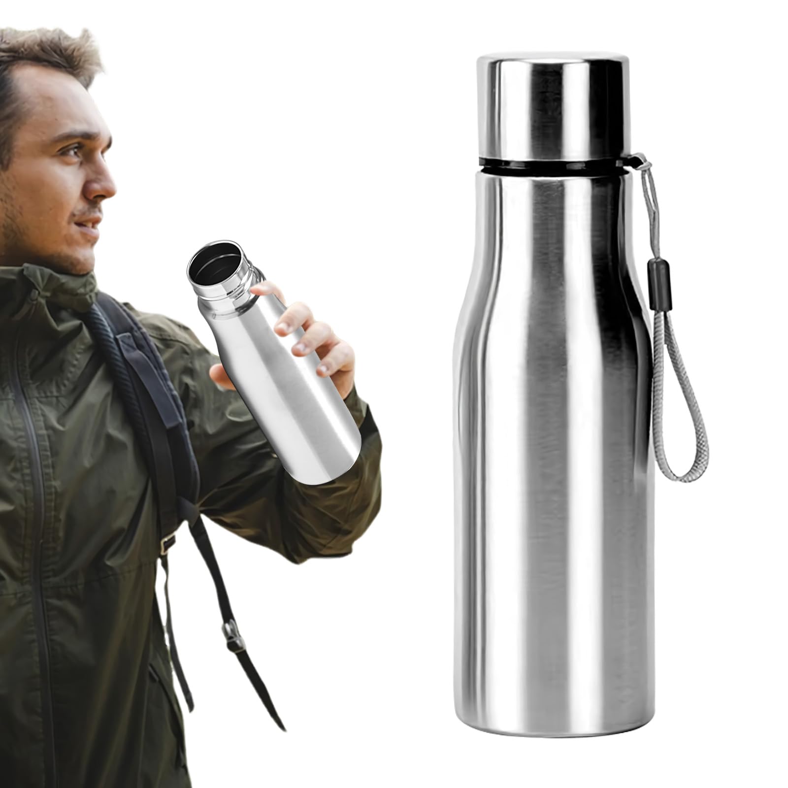 Upgrade Stainless Steel Water Bottle,Portable Single Wall Metal Water Bottles with Handle Loop,Wide Mouth, Leak Proof, BPA Free,Lightweight outdoor Sports Camping Bike Cycling Kettle Cup (C, 500ML)