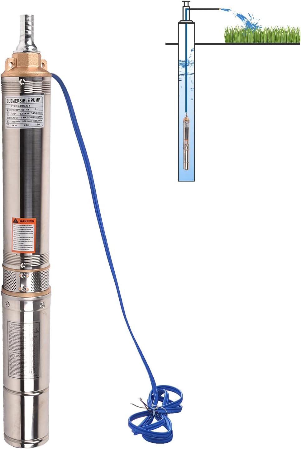 1HP Deep Well Pump, 220V/60Hz, 33GPM, 207ft Head Submersible Well Pumps with 9.8ft Electric Cord, 4" Stainless Steel Deep Well Water Pumps for Industrial, Irrigation & Home Use