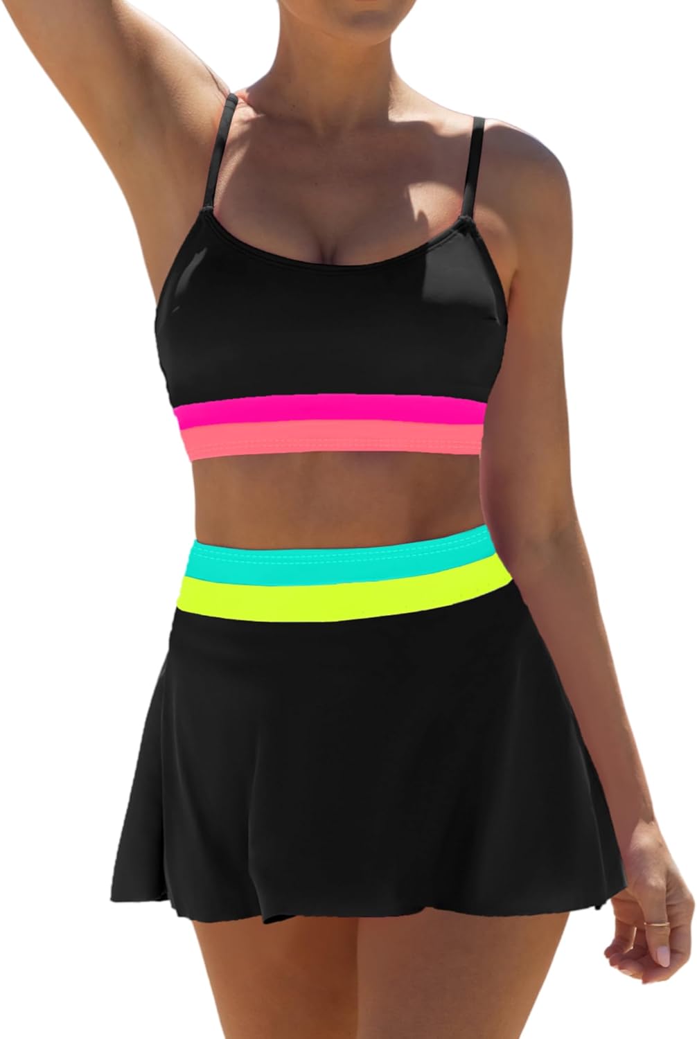 popvil High Waisted Bikini Sets for Women Tummy Control Swimsuits Neon Swimwear 3 Piece Bathing Suits with Skirt 2026