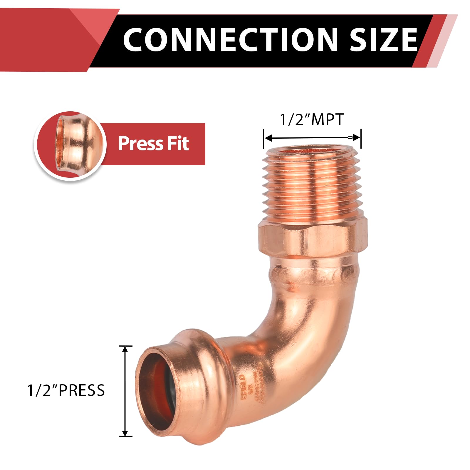 EFIELD - Codo de prensa de cobre, prensa de 1/2 pulgada x codo macho de 90 grados de 1/2 pulgada para conexión de tubería de cobre (1/2 x 1/2 pulgadas)
