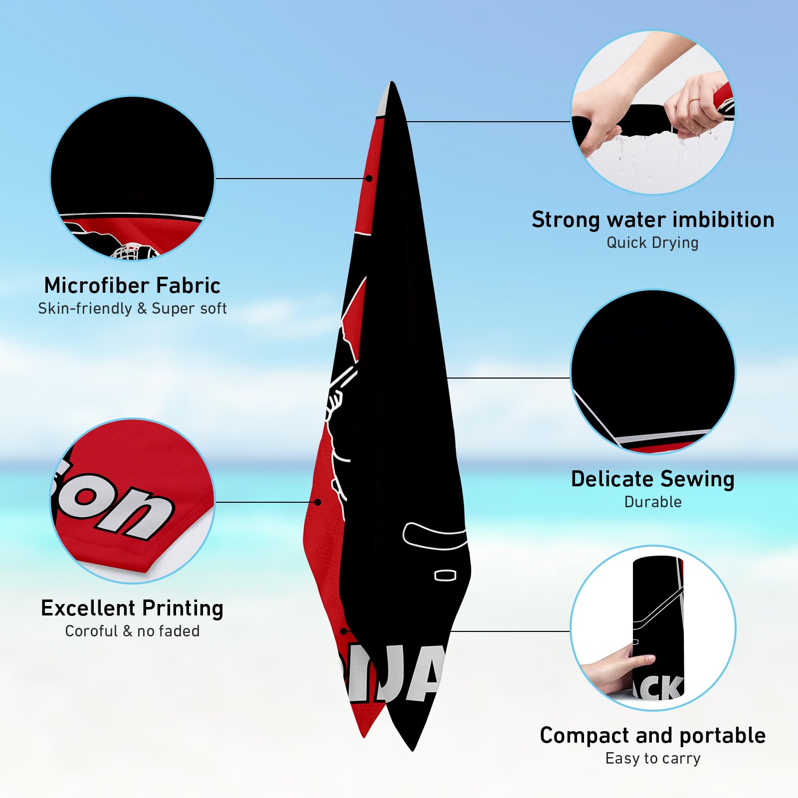 GRESATEK Personalized Microfiber Pool Beach Towel: Custom Name Red Hockey Towels for Baby Kids Adults - Quick Dry Bathroom Towels Gifts, Cotton and Microfiber, with Travel Bag(30x60inches)