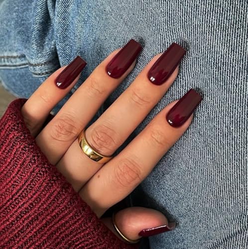 KQueenest Marron Red Press on Nails Long Medium Square, Burgundy Red Fake Nails Medium Coffin, Glossy Opaque Color Acrylic Nails Press ons, Reusable Dark Soft Gel Glue on Nails for Women Fall Winter