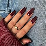 KQueenest Marron Red Press on Nails Long Medium Square, Burgundy Red Fake Nails Medium Coffin, Glossy Opaque Color Acrylic Nails Press ons, Reusable Dark Soft Gel Glue on Nails for Women Fall Winter