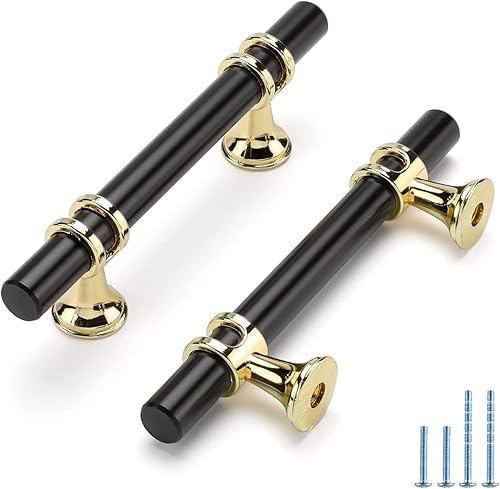 Paquete de 10 tiradores negros de gabinete negros y dorados, manijas de gabinete negras, manijas de cajón negras, tiradores de accesorios de