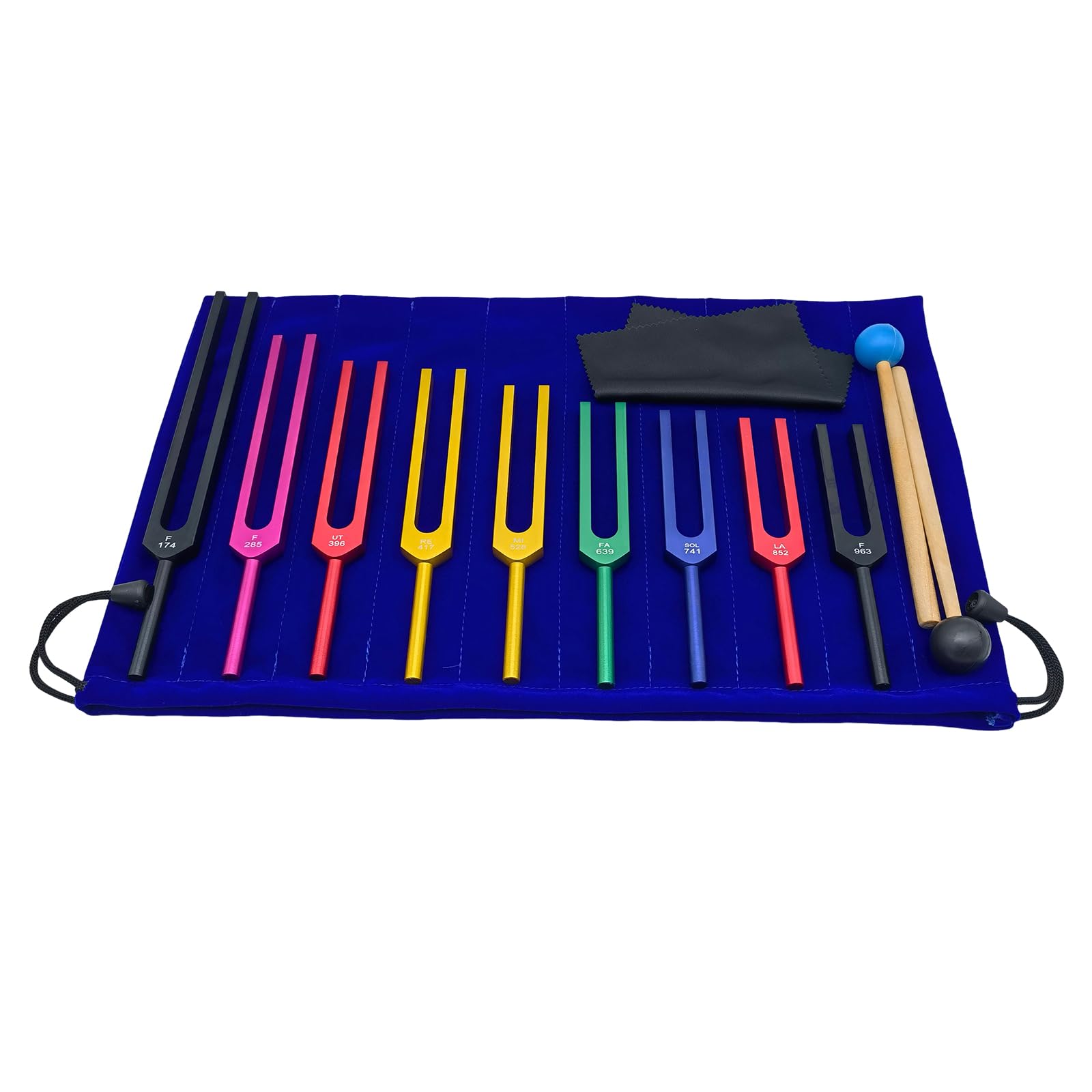 Diapasón Solfeggio, Set de 9 Diapasones de Colores en Aleación de Aluminio con 2 Martillos de Silicona, para Yoga y Relajación (174 Hz, 285 Hz, 396 Hz, 417 Hz, 528 Hz, 639 Hz, 741 Hz, 852 Hz, 963 Hz)