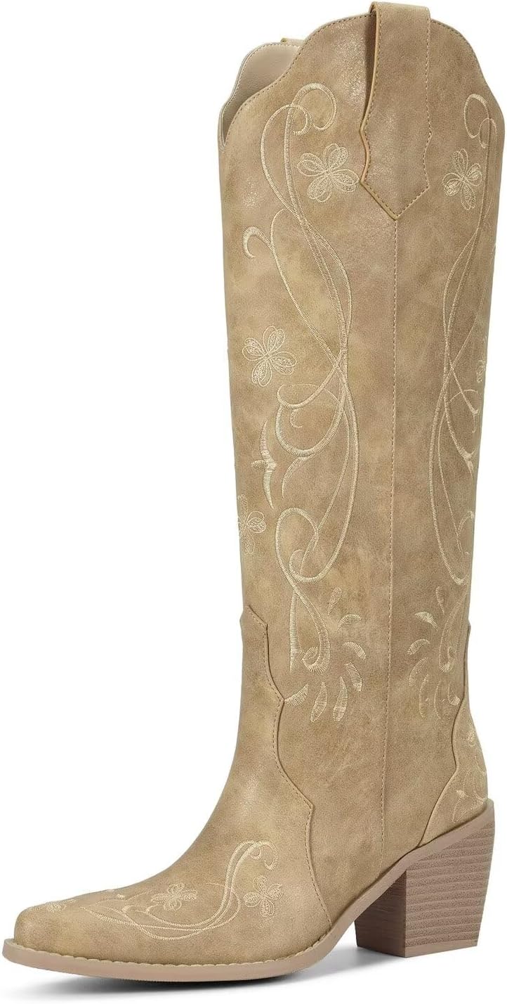 wetkiss Cowboy Boots for Women Knee High Cowgirl Boots, Western Boots with Floral Embroidered Pointed Toe Chunky Heel Pull On Retro Vintage Classic Tall Boots for Ladies