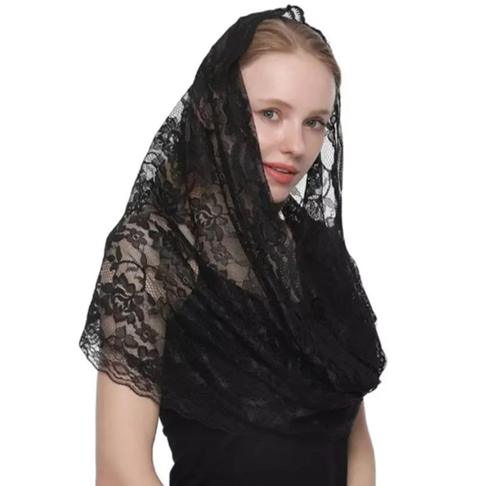 Cannxi Women's Black Latin Mass Headscarf Veil For Catholic Mantilla Veil Head Covering Mass Veil Tulle Bride Veil Party Wear