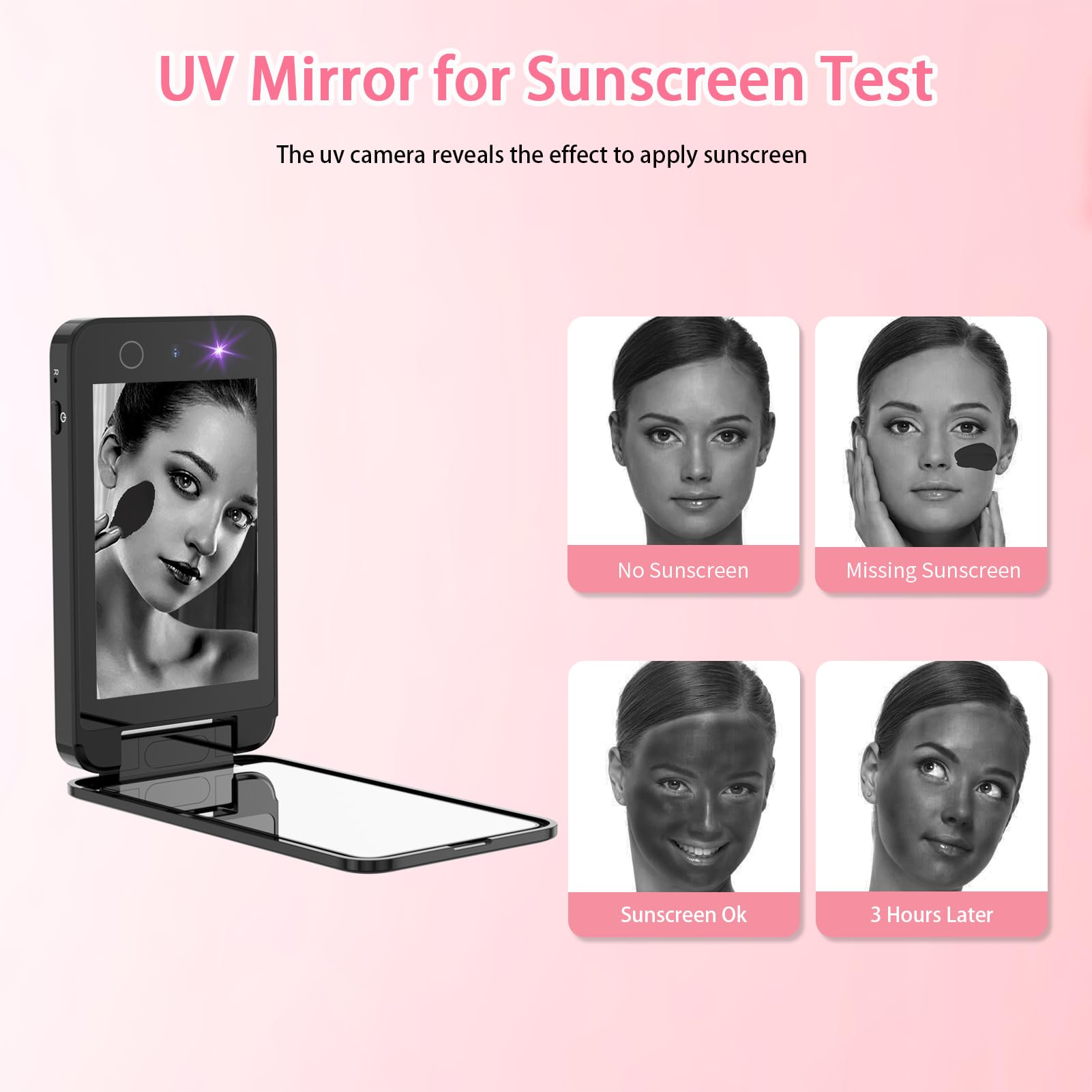 DESCHEN Caméra UV rechargeable 2500 mAh pour test de protection solaire 10,2 cm Portable Double Face Voyage Lentille UV intelligente Détection compacte Maquillage Protection solaire