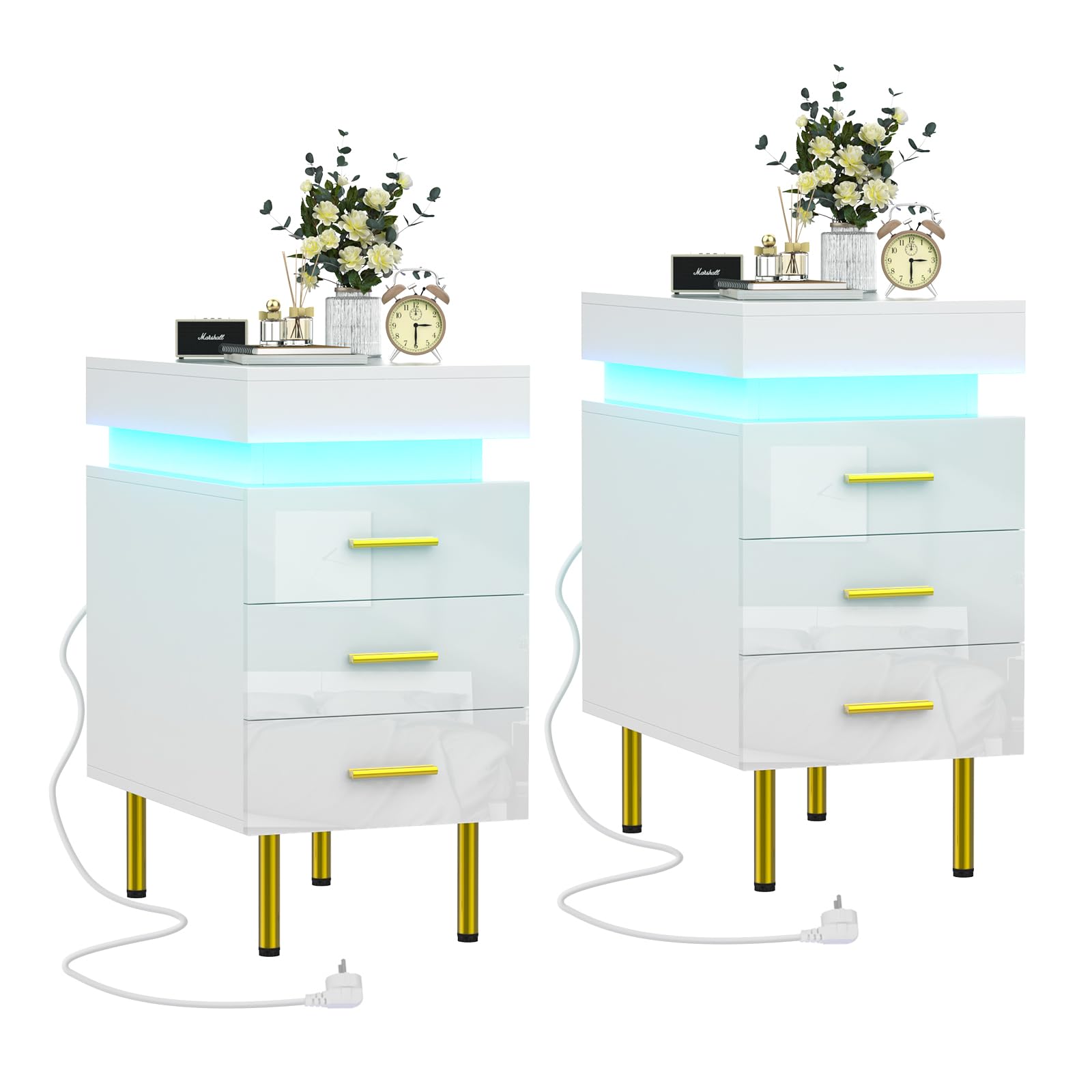 EXSELTMAN 2 mesitas de Noche, Mesitas de Noche Blancas Pack 2, Mesilla de Noche LED con 3 Cajones, Escandinavos Blanco,Mesillas Auxiliares de Estilo Moderno para Dormitorio Salon