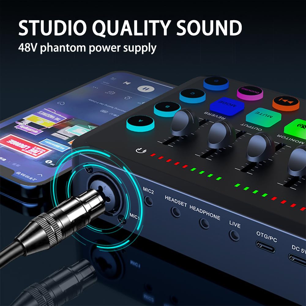 Mixer for Giochi con Scheda, Streaming Mixer RGB a 4 canali con interfaccia Microfono XLR, for Voce di Gioco, Podcast