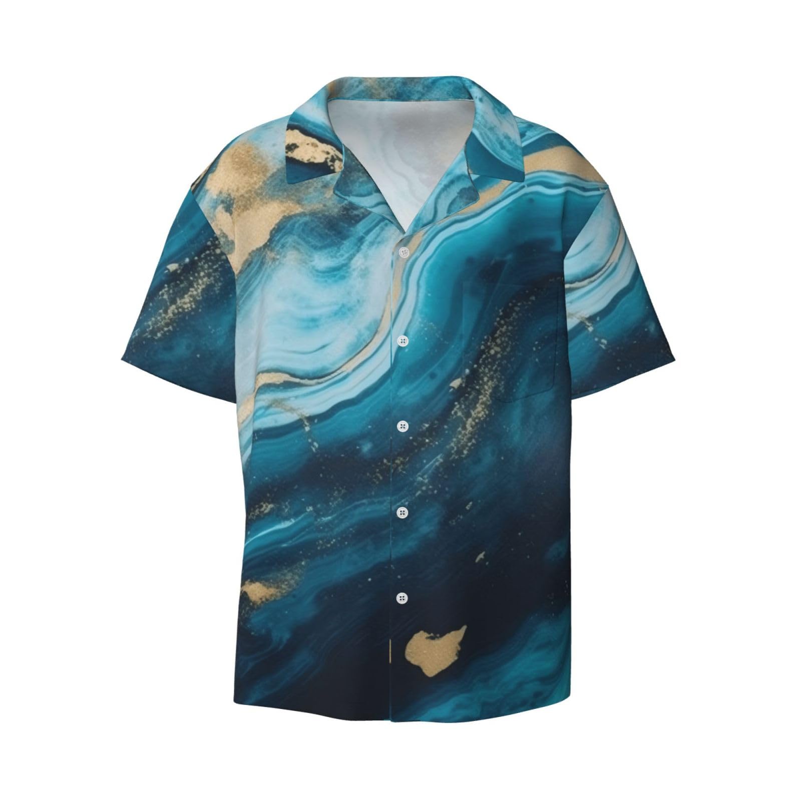 BKTRAVERPT Men's Short Sleeve Shirt Stone Blue Gold Marble Printed Regular Fit Button Down Shirts Casual Summer Beach Holiday Shirt with Pocket