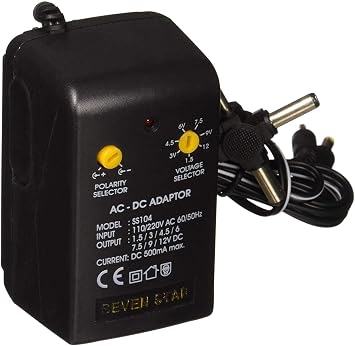 Seven Star 1.5V, 3V, 4.5V, 6V, 7.5V, 9V, 12V DC, 500mA Regulated Universal AC to DC Converter with Multiple Connector Ends