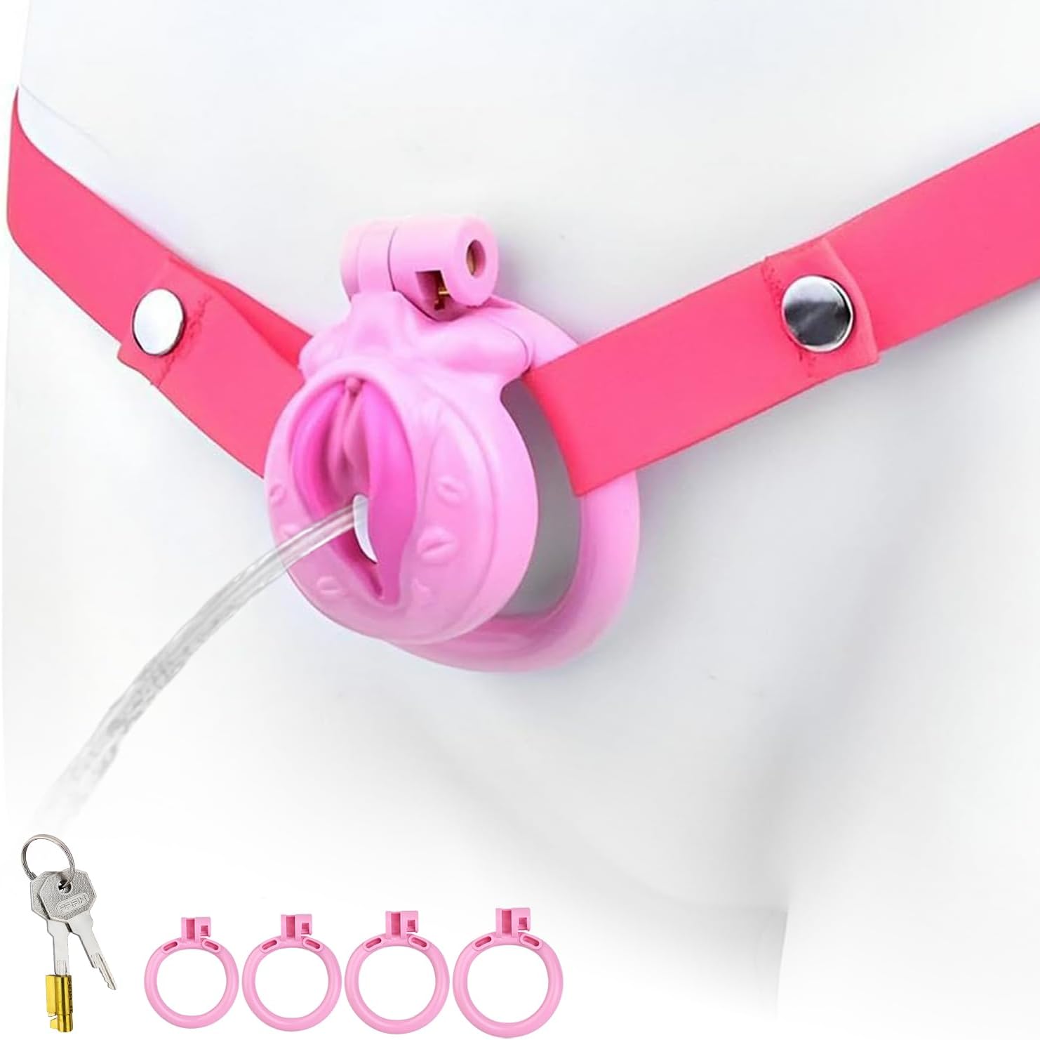 Flat Chastity Cage, Pink Male Chastity Cage with Adjustable Belt, 4 Rings & Invisible Lock, 3D Smooth Resin Chastity Devices for Penis Exercise, Discreet BDSM Adult Sex Toys for Men