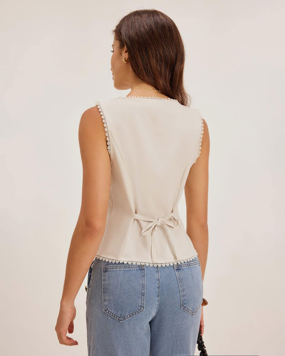 RIHOAS Women's Brown Plaid Sleeveless Button Down Blouse - Lace Trim Fitted Waist Business Casual Work Tops for Spring Summer