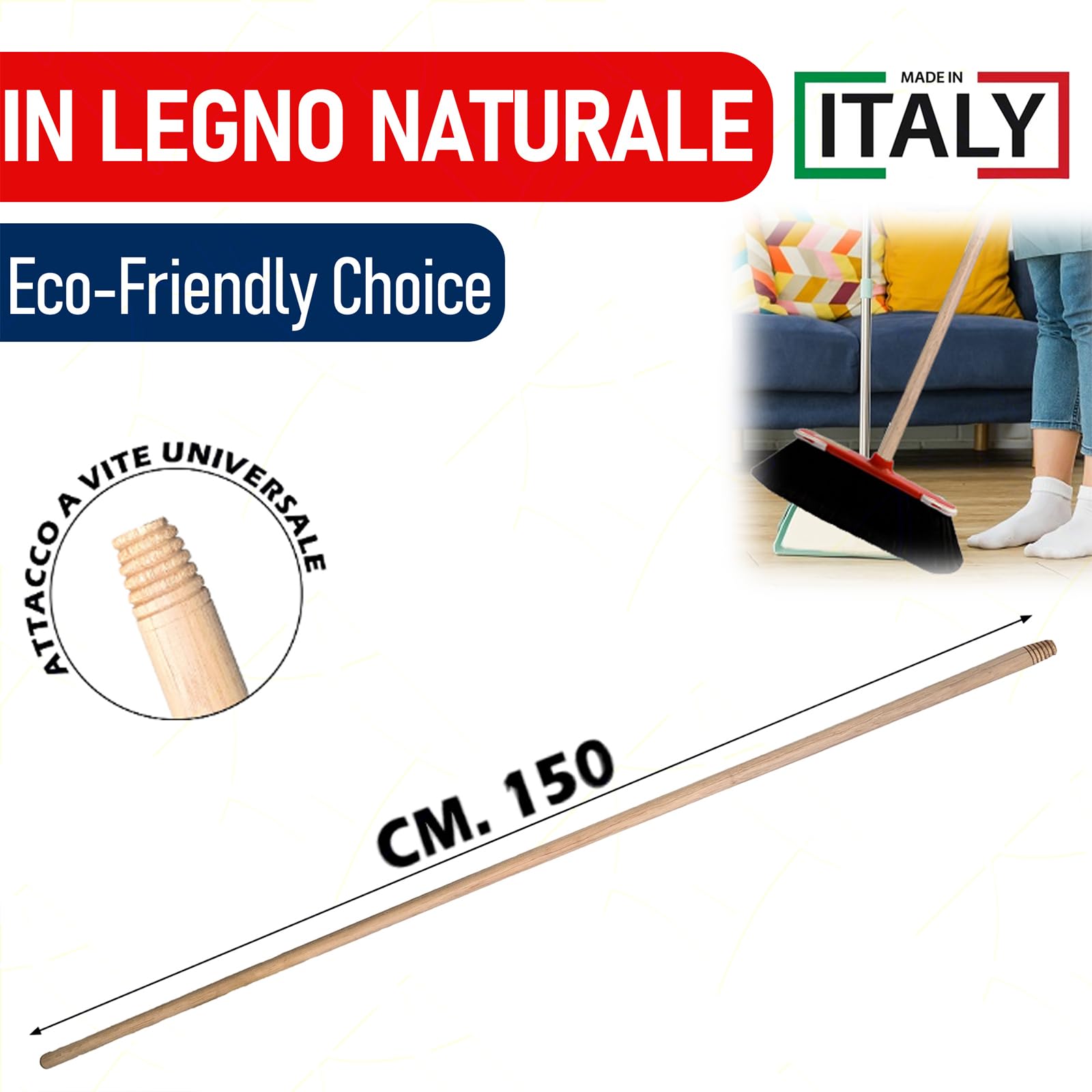 Sicignano | Manico in Legno Naturale con Attacco a Vite Universale, per Utensili Giardinaggio, Pulizia e Fai-da-te, Resistente e Ergonomico (1, 150 cm)
