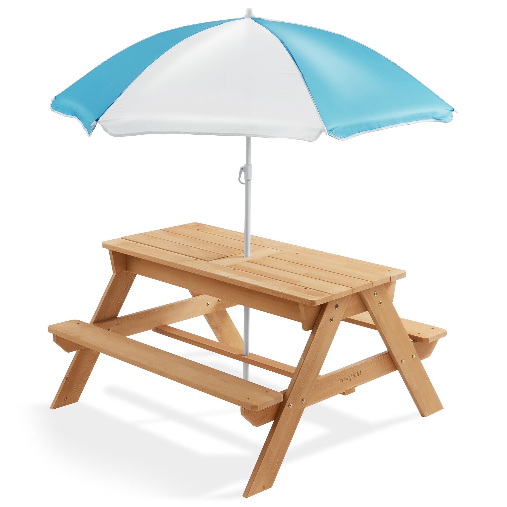 Casafield Children's Sand and Water Activity Table, 3-in-1 Wooden Outdoor Picnic Table with Umbrella, 2 Play Boxes and Removable Lid, Natural